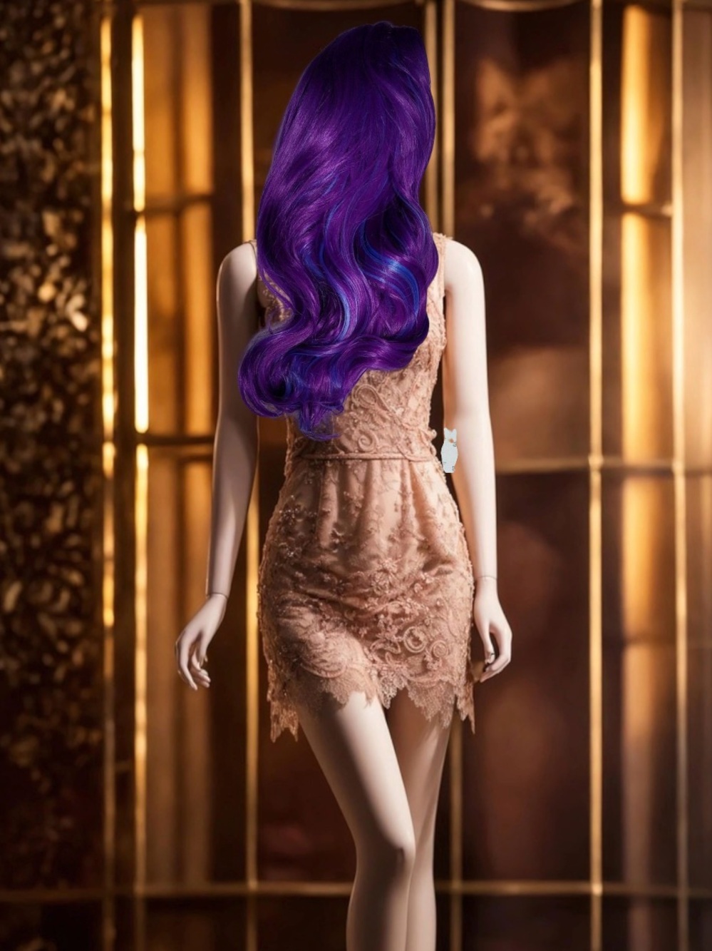Purple synthetic long wig with blue highlights